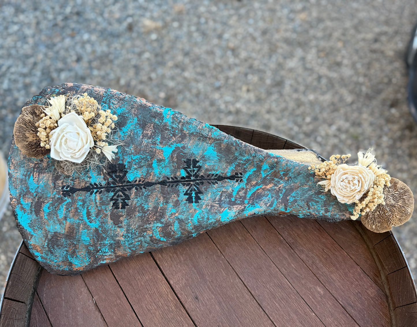 Turquoise Patina Buffalo Shoulder Blade Wall Art | Western Tribal Bone Decor with Prairie Florals | One of a Kind Ranch Style Accent