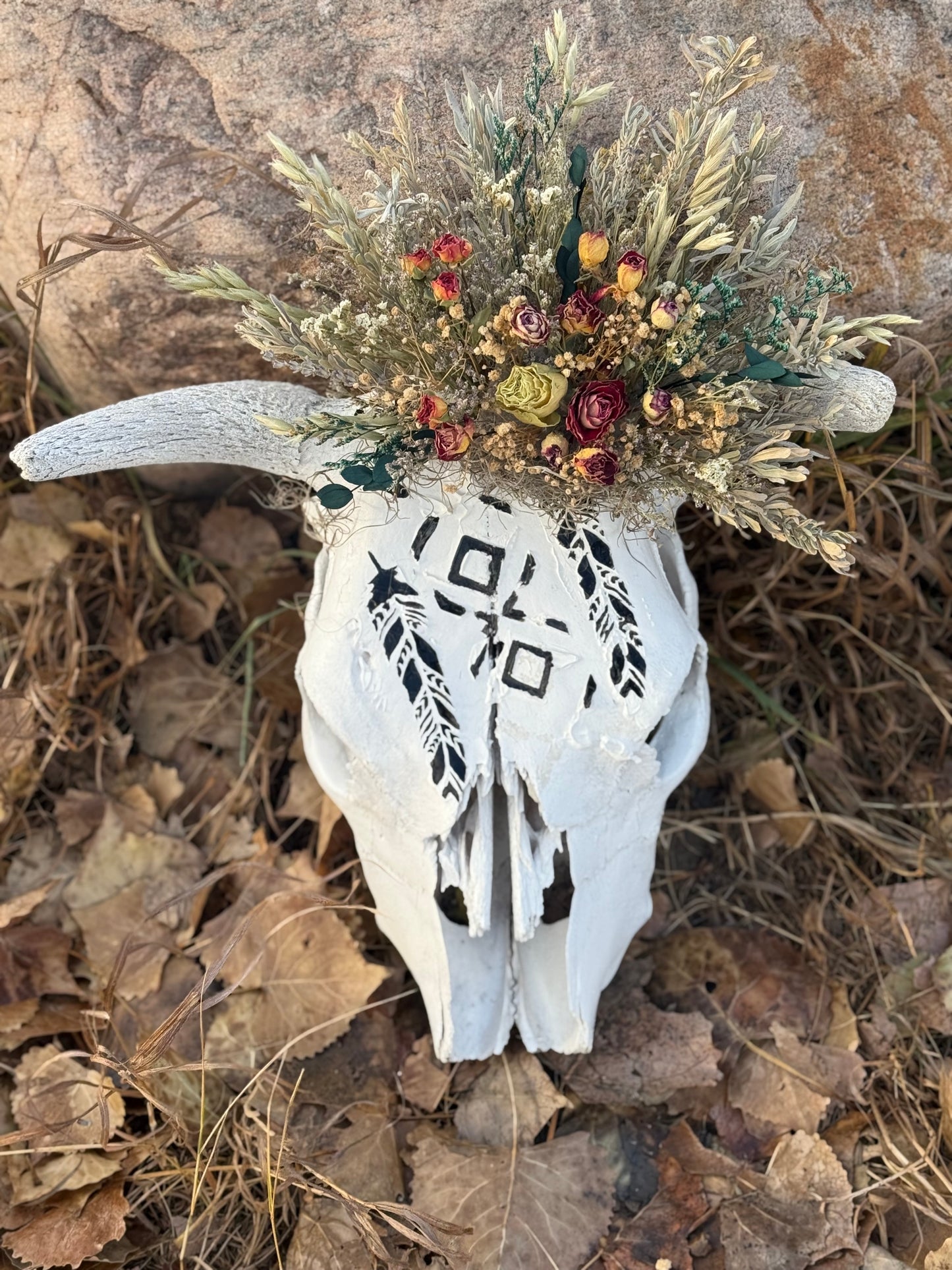 Sun-Bleached Cow Skull with Hand-Painted Feathers | Western Wall Decor with Dried Floral Crown | One of a Kind Rustic Art