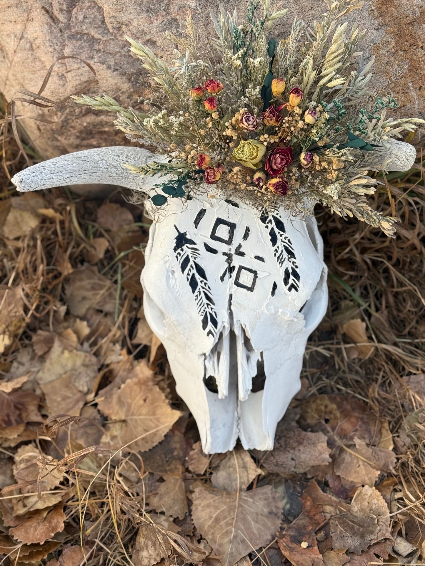 Sun-Bleached Cow Skull with Hand-Painted Feathers | Western Wall Decor with Dried Floral Crown | One of a Kind Rustic Art