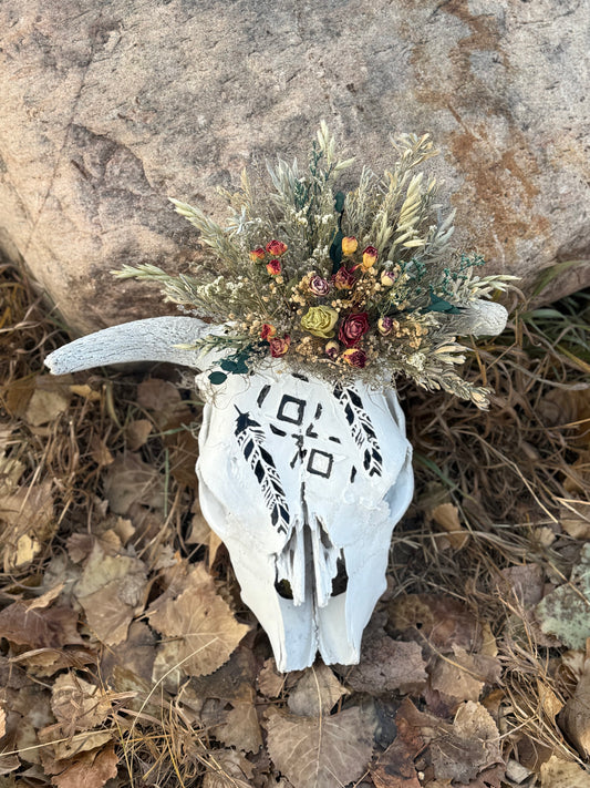 Sun-Bleached Cow Skull with Hand-Painted Feathers | Western Wall Decor with Dried Floral Crown | One of a Kind Rustic Art