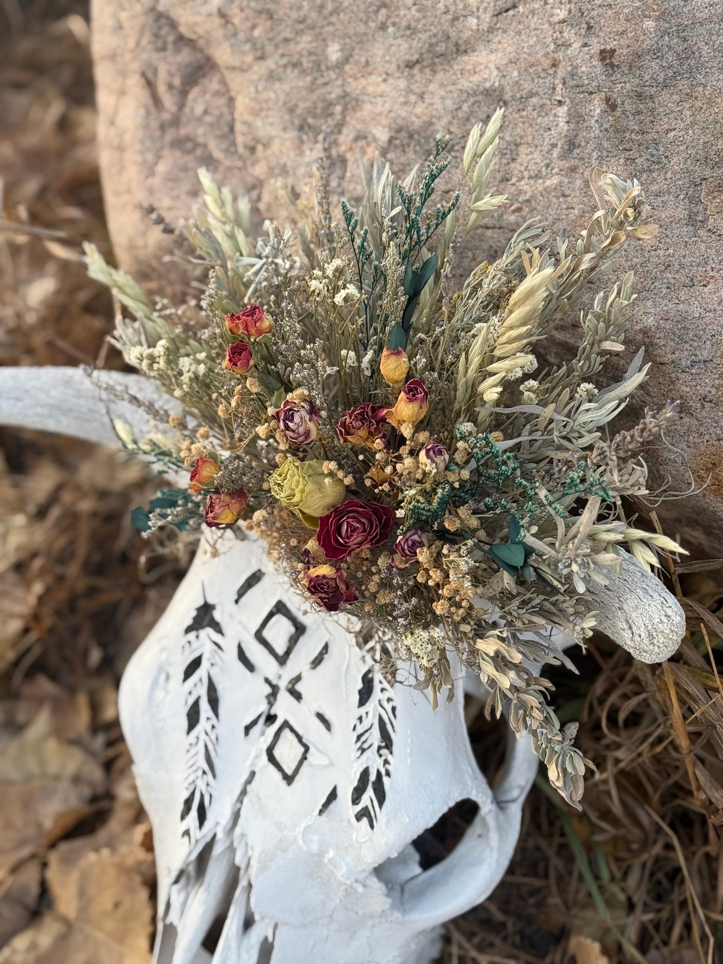 Sun-Bleached Cow Skull with Hand-Painted Feathers | Western Wall Decor with Dried Floral Crown | One of a Kind Rustic Art