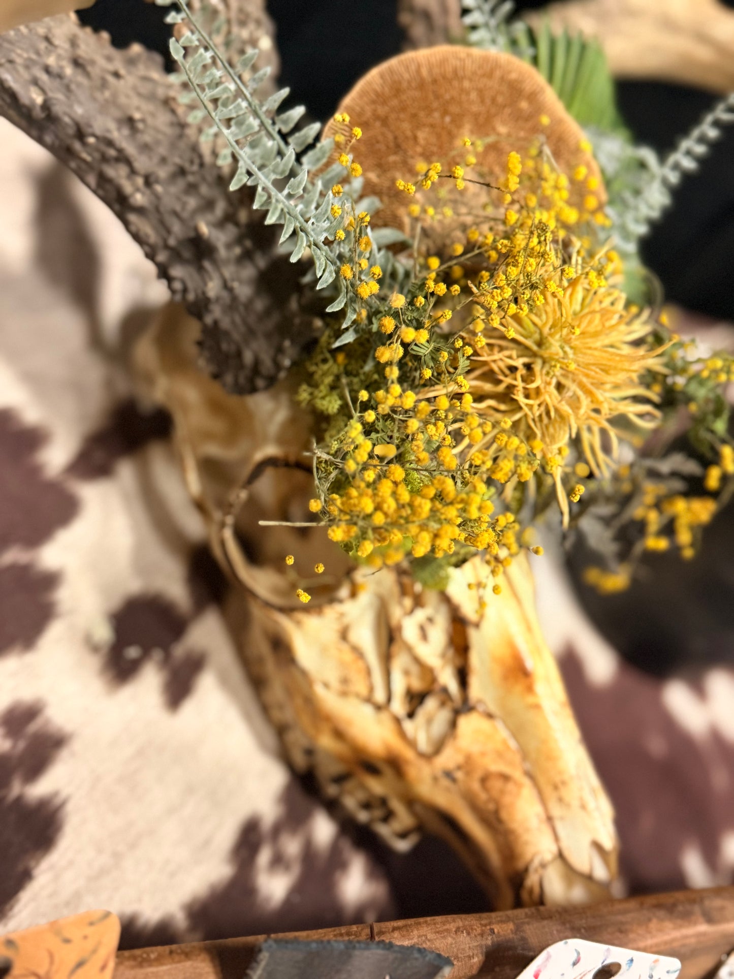 Rustic Deer Skull with Yellow Wildflowers | Western Antler Decor | Prairie Boho Wall Art | Handmade Nature Piece
