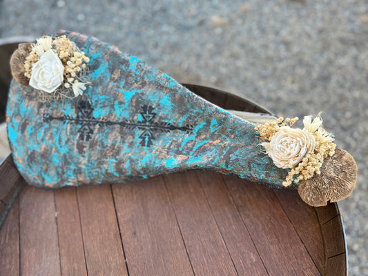 Turquoise Patina Buffalo Shoulder Blade Wall Art | Western Tribal Bone Decor with Prairie Florals | One of a Kind Ranch Style Accent