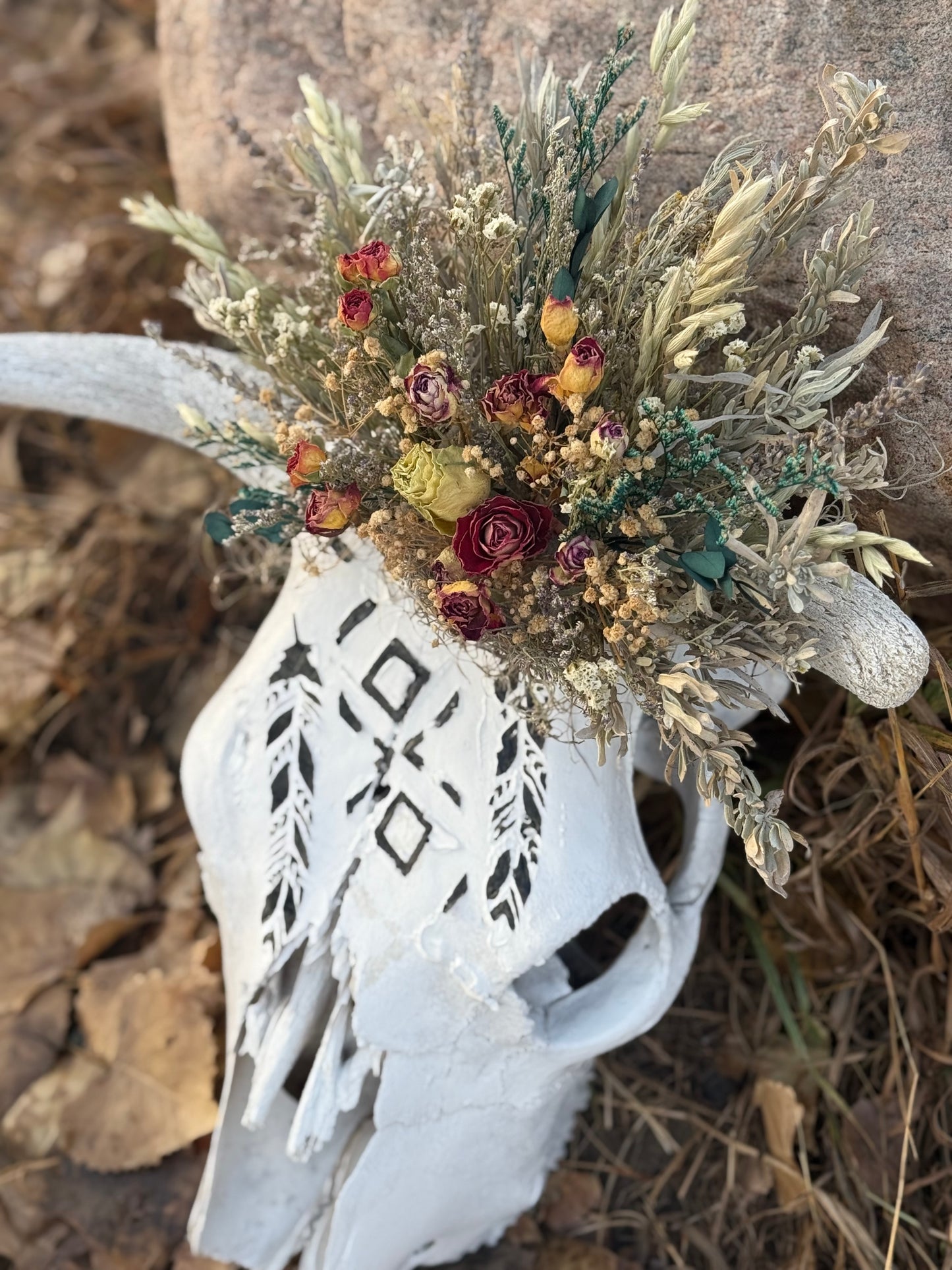 Sun-Bleached Cow Skull with Hand-Painted Feathers | Western Wall Decor with Dried Floral Crown | One of a Kind Rustic Art