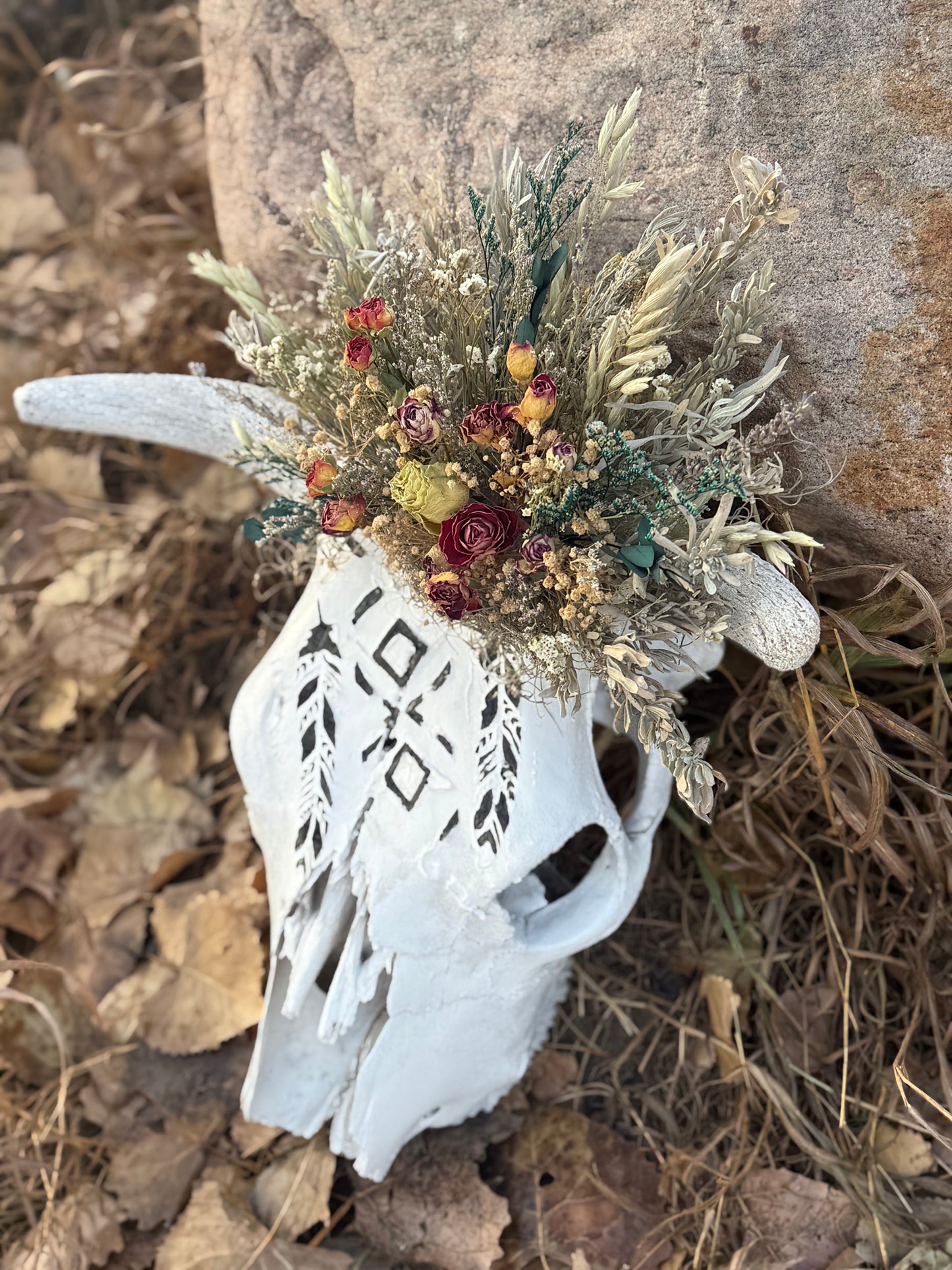 Sun-Bleached Cow Skull with Hand-Painted Feathers | Western Wall Decor with Dried Floral Crown | One of a Kind Rustic Art