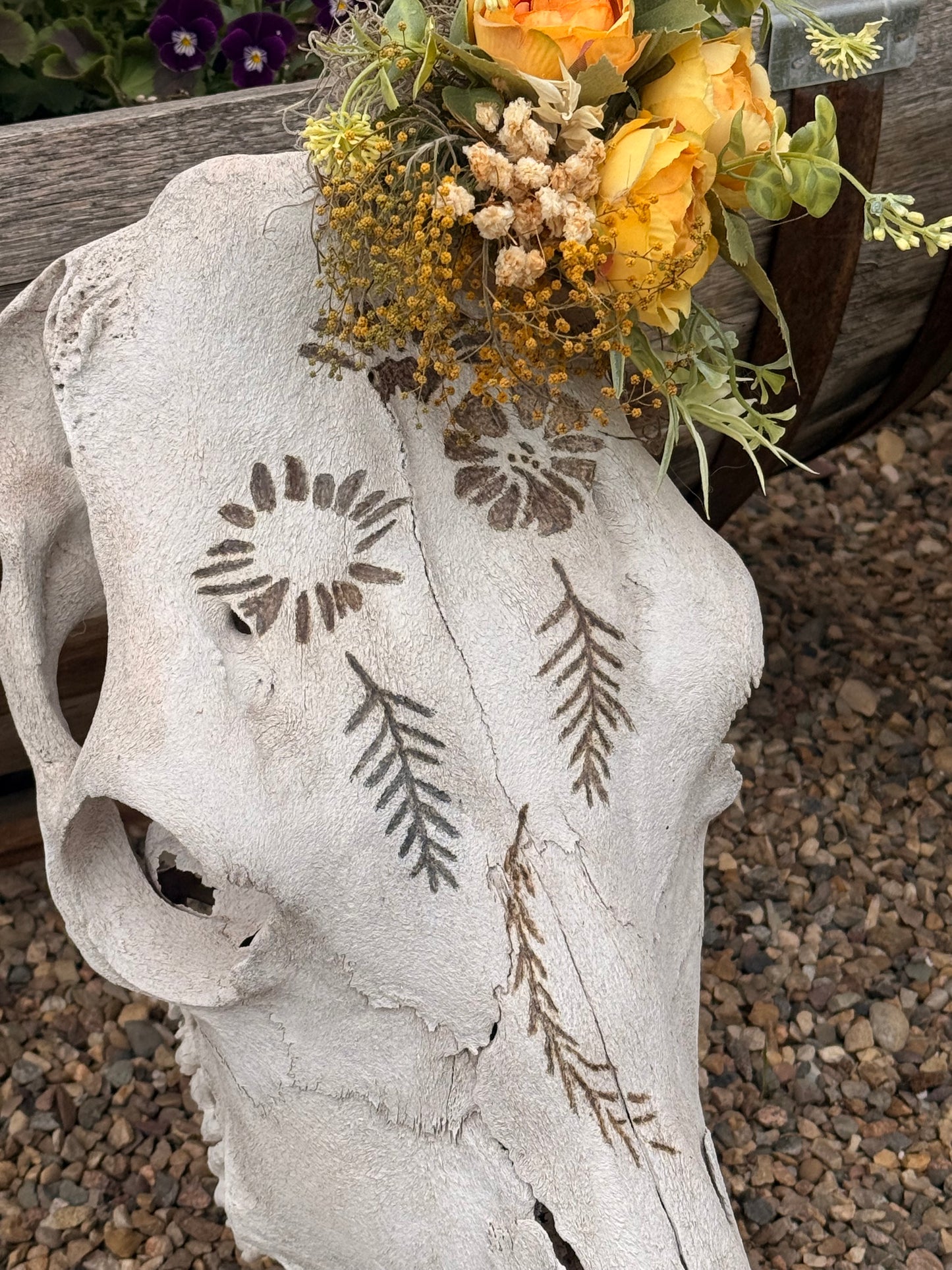 Handcrafted Floral Burned Cow Skull Wall Décor | Western Boho Skull Art | Rustic Farmhouse Statement Piece | One-of-a-Kind Home Décor