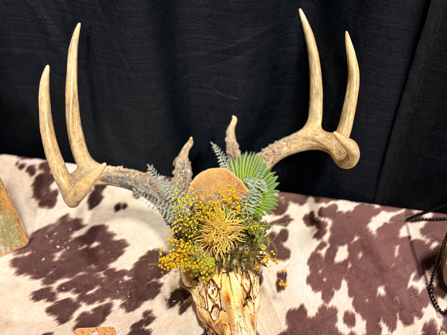 Rustic Deer Skull with Yellow Wildflowers | Western Antler Decor | Prairie Boho Wall Art | Handmade Nature Piece