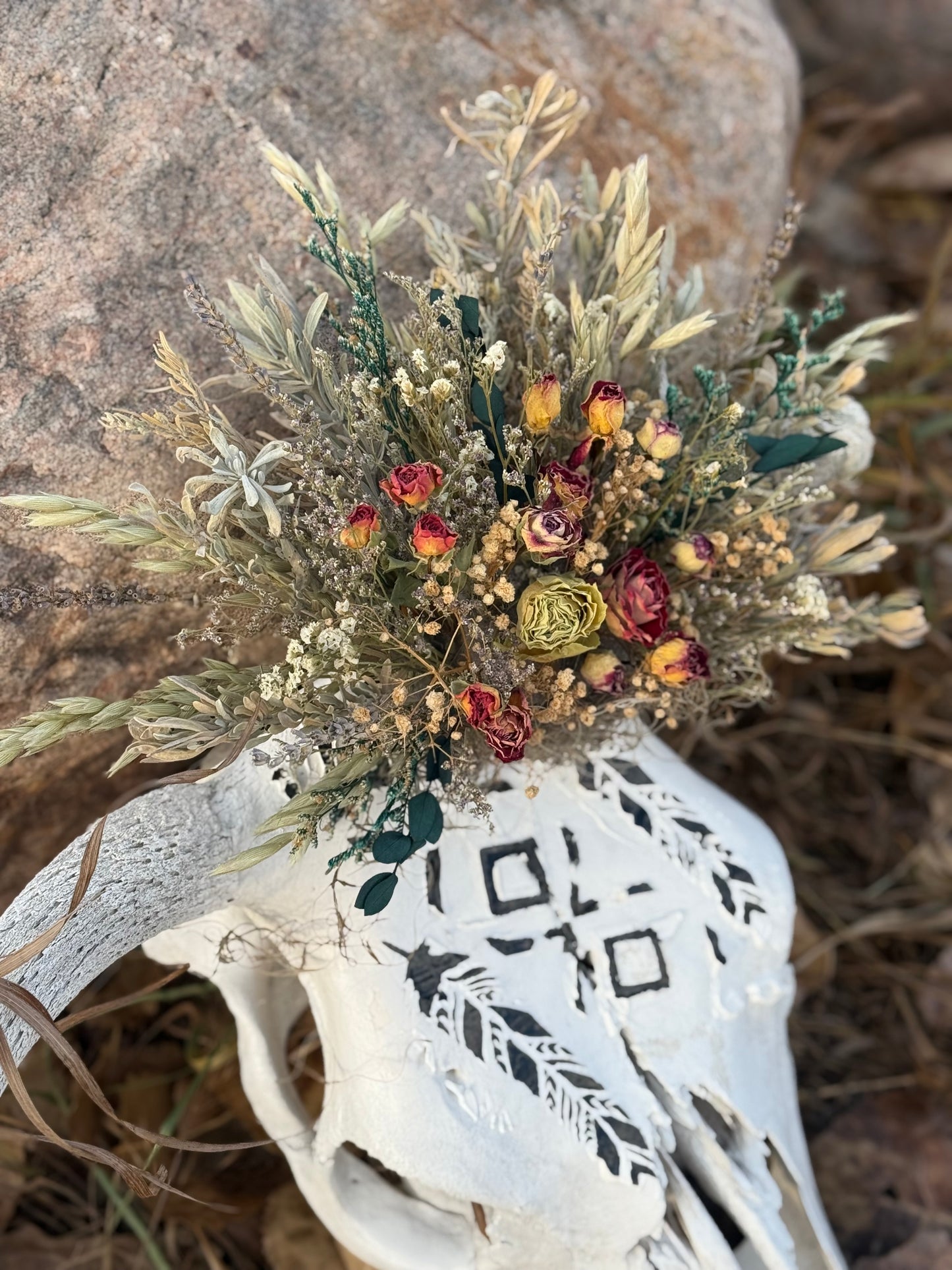 Sun-Bleached Cow Skull with Hand-Painted Feathers | Western Wall Decor with Dried Floral Crown | One of a Kind Rustic Art