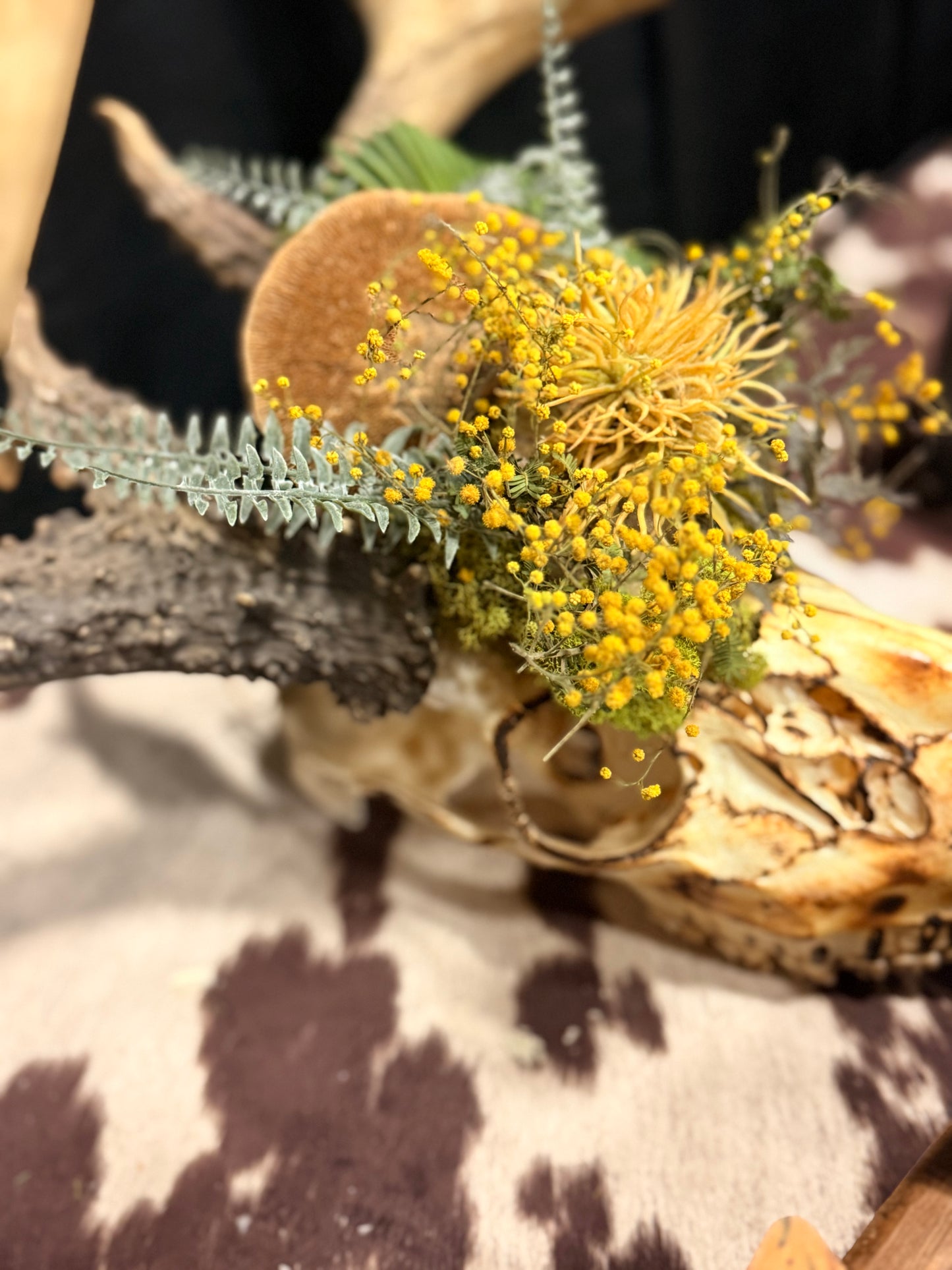 Rustic Deer Skull with Yellow Wildflowers | Western Antler Decor | Prairie Boho Wall Art | Handmade Nature Piece
