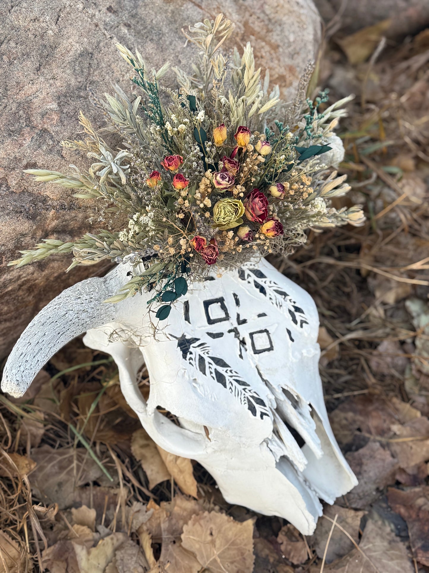 Sun-Bleached Cow Skull with Hand-Painted Feathers | Western Wall Decor with Dried Floral Crown | One of a Kind Rustic Art
