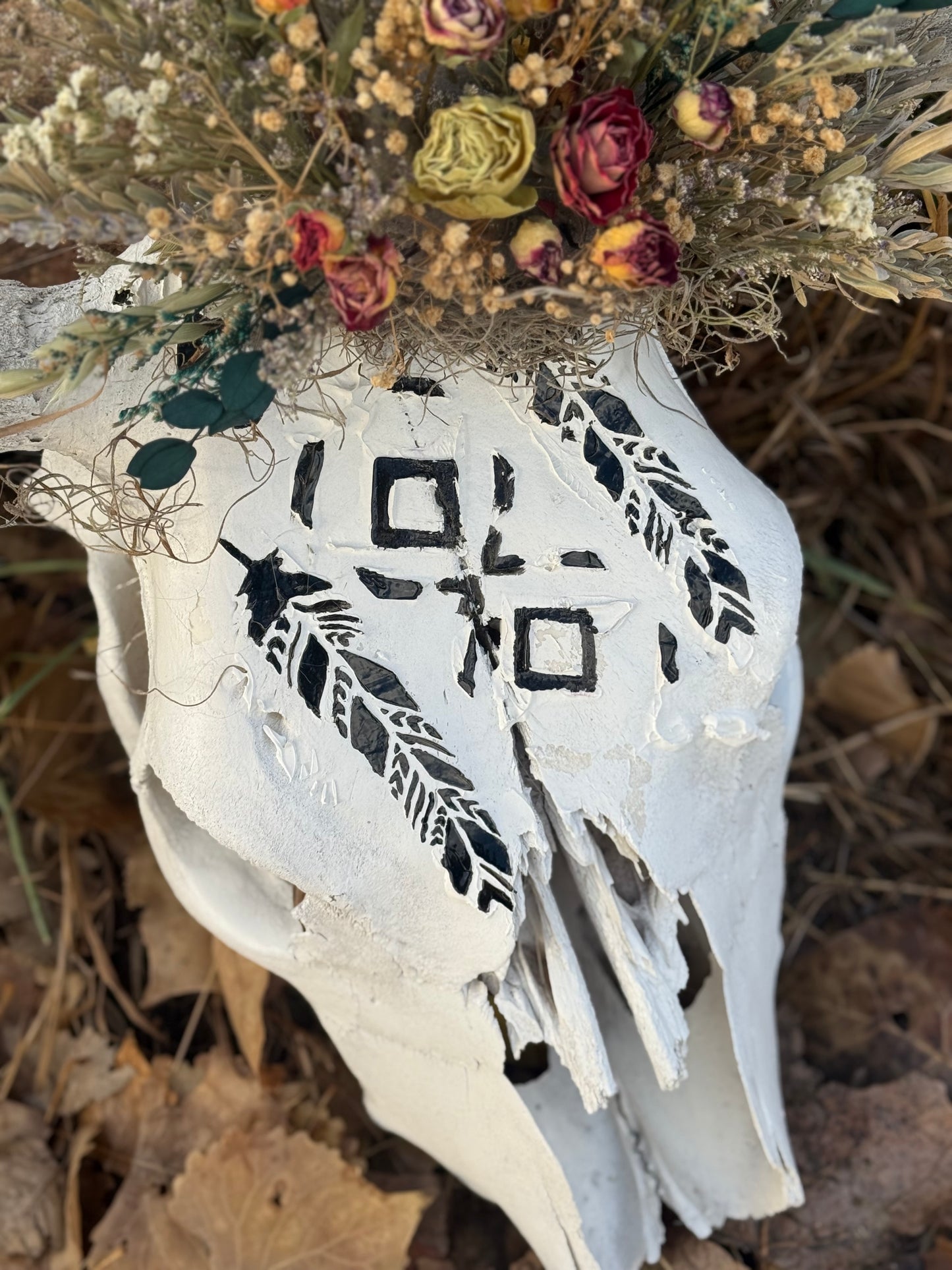 Sun-Bleached Cow Skull with Hand-Painted Feathers | Western Wall Decor with Dried Floral Crown | One of a Kind Rustic Art