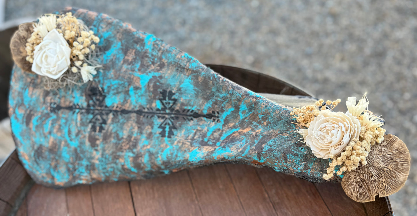 Turquoise Patina Buffalo Shoulder Blade Wall Art | Western Tribal Bone Decor with Prairie Florals | One of a Kind Ranch Style Accent