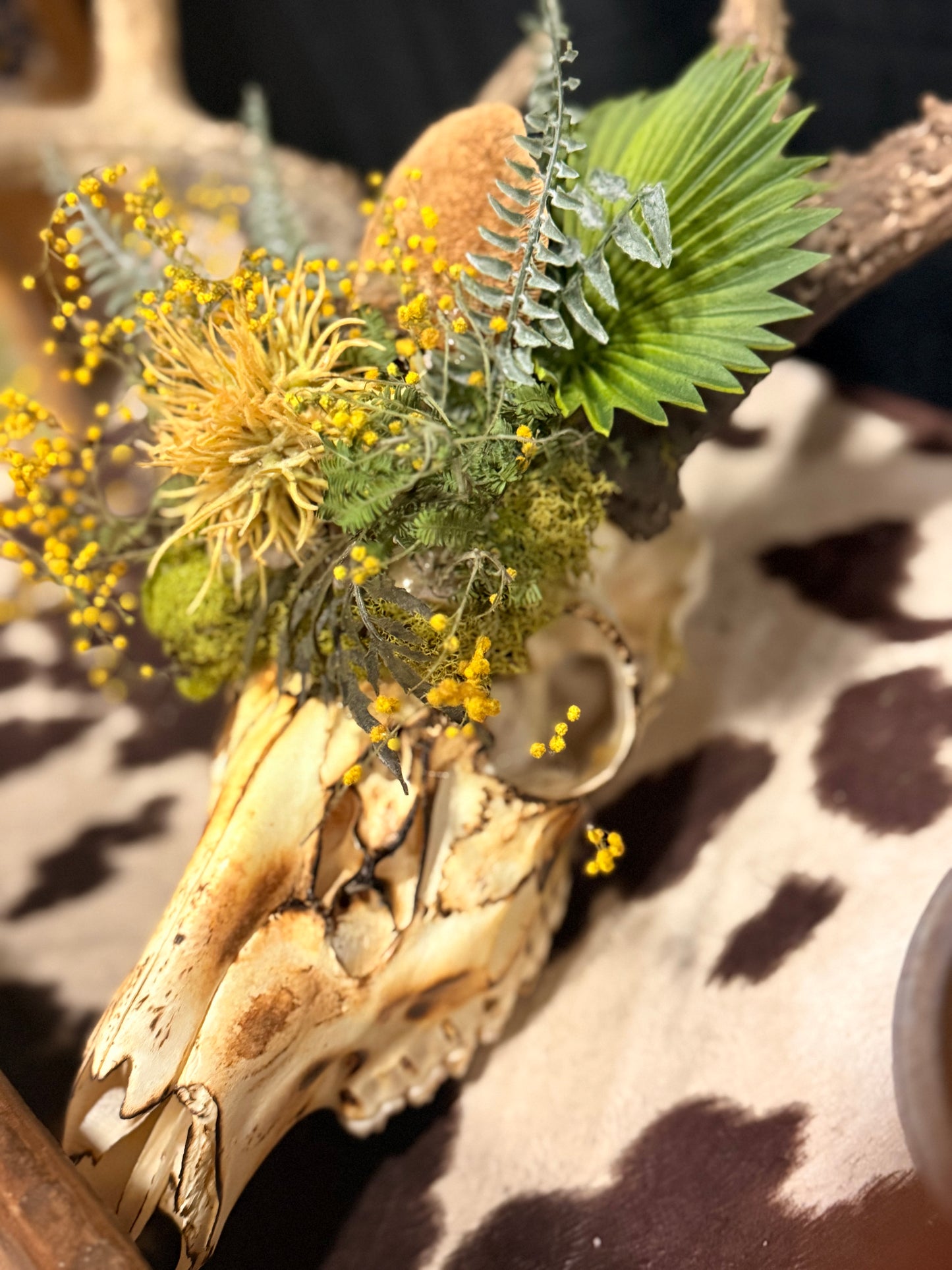 Rustic Deer Skull with Yellow Wildflowers | Western Antler Decor | Prairie Boho Wall Art | Handmade Nature Piece