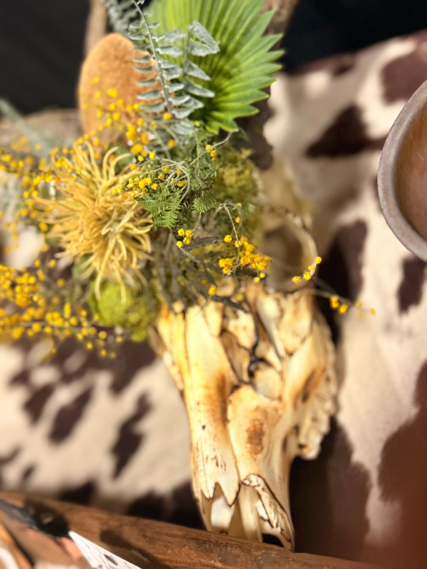 Rustic Deer Skull with Yellow Wildflowers | Western Antler Decor | Prairie Boho Wall Art | Handmade Nature Piece