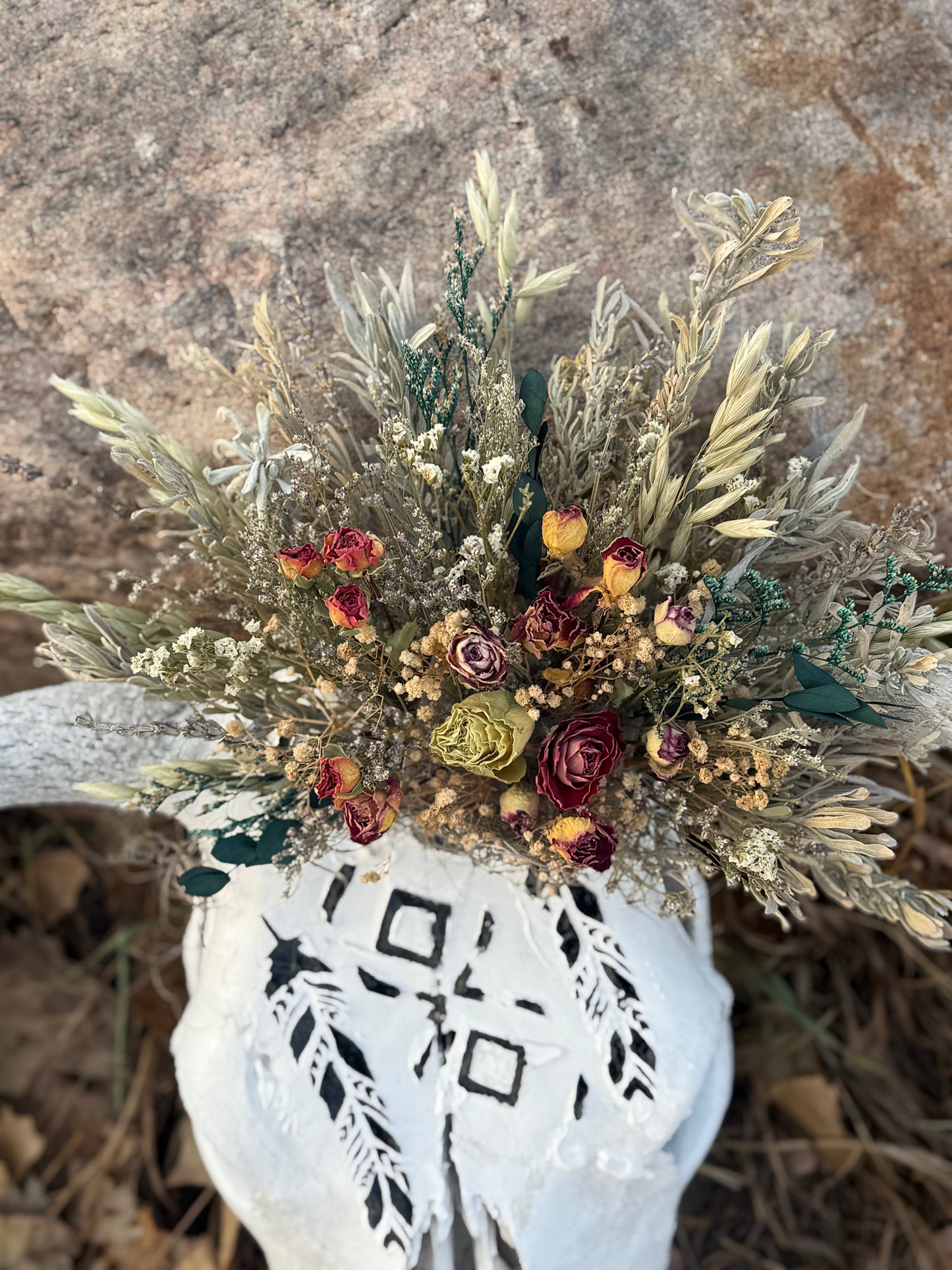 Sun-Bleached Cow Skull with Hand-Painted Feathers | Western Wall Decor with Dried Floral Crown | One of a Kind Rustic Art