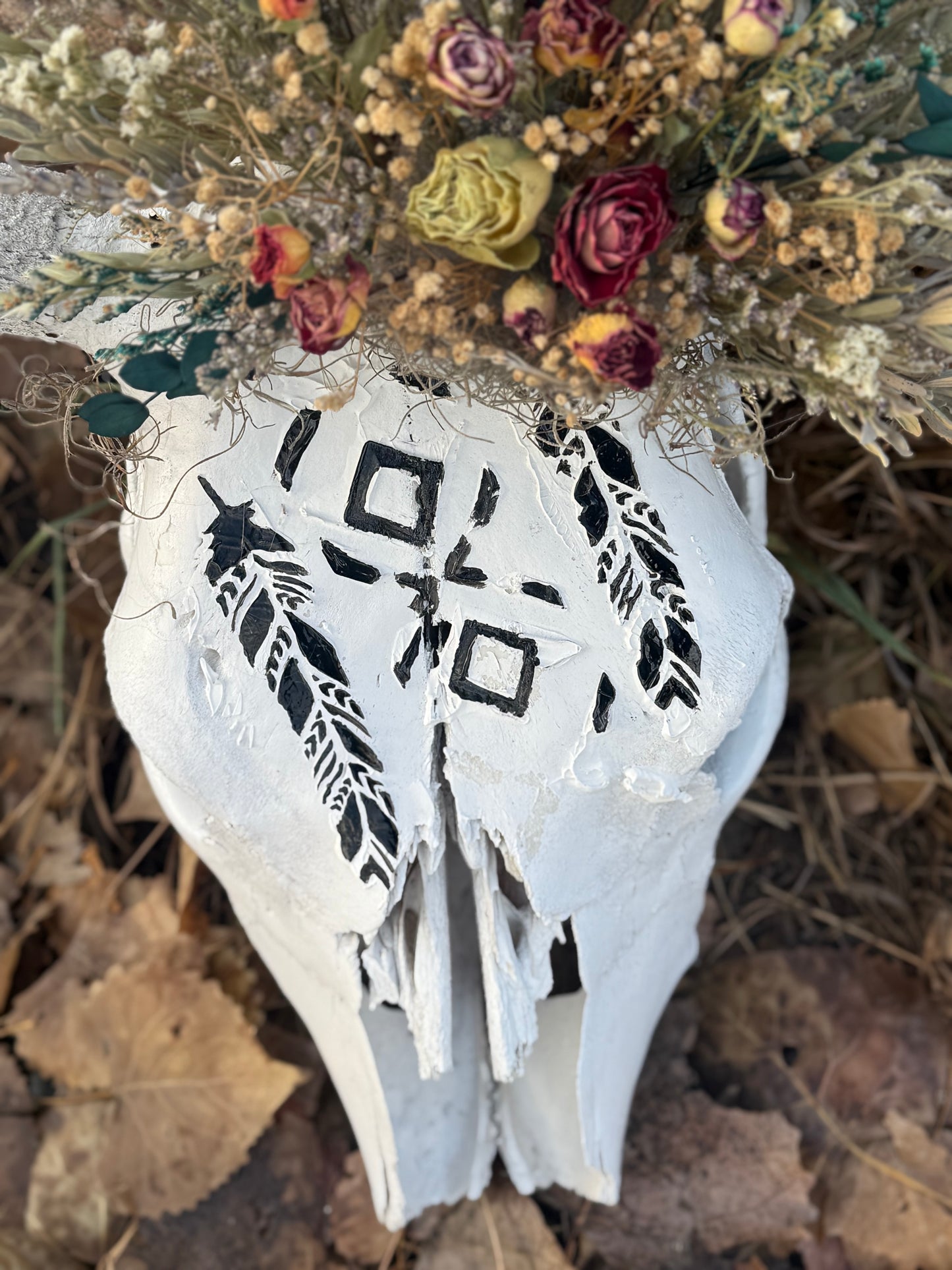 Sun-Bleached Cow Skull with Hand-Painted Feathers | Western Wall Decor with Dried Floral Crown | One of a Kind Rustic Art