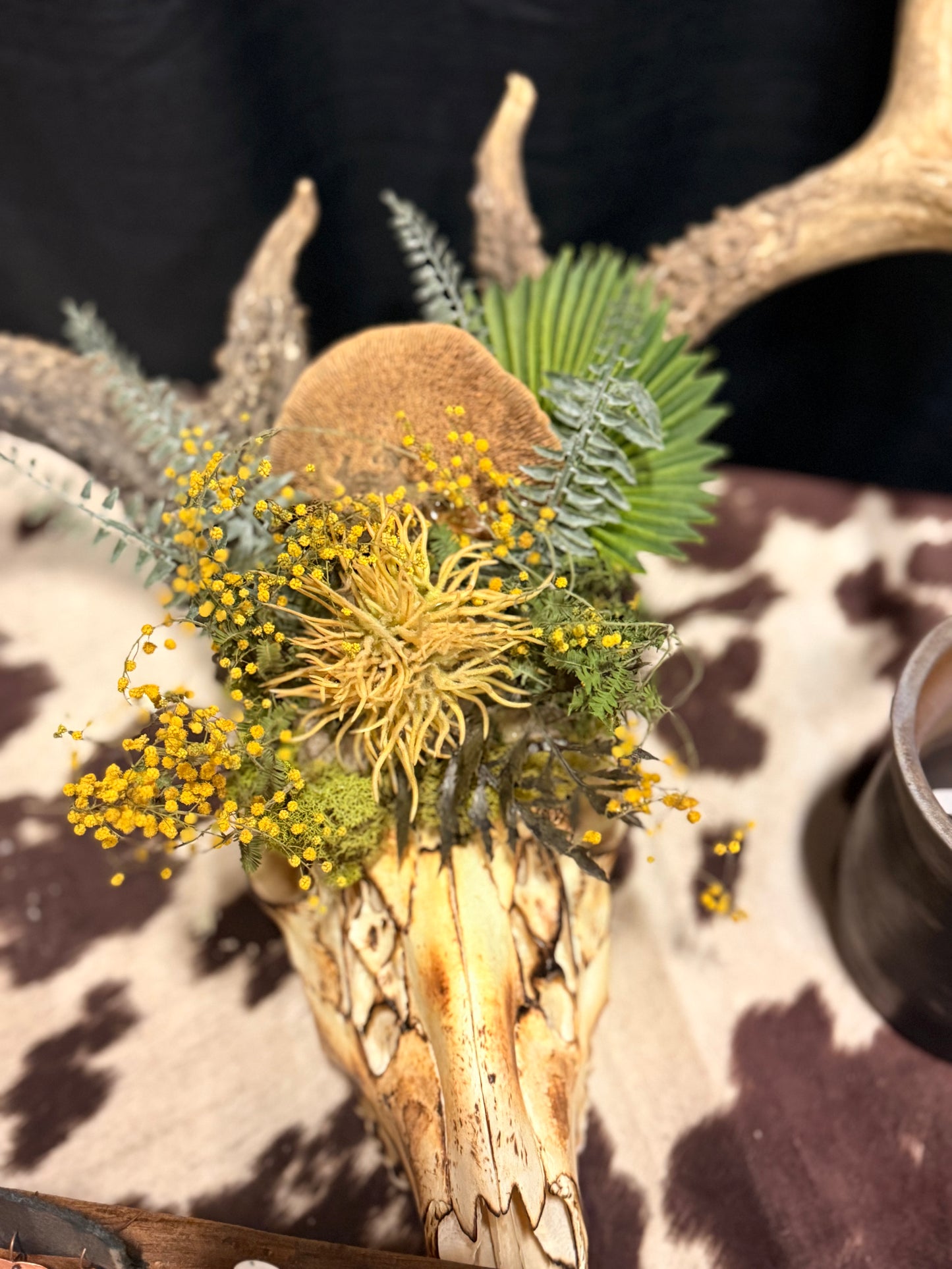 Rustic Deer Skull with Yellow Wildflowers | Western Antler Decor | Prairie Boho Wall Art | Handmade Nature Piece