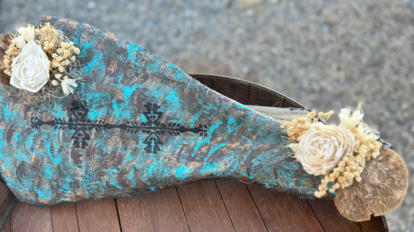Turquoise Patina Buffalo Shoulder Blade Wall Art | Western Tribal Bone Decor with Prairie Florals | One of a Kind Ranch Style Accent