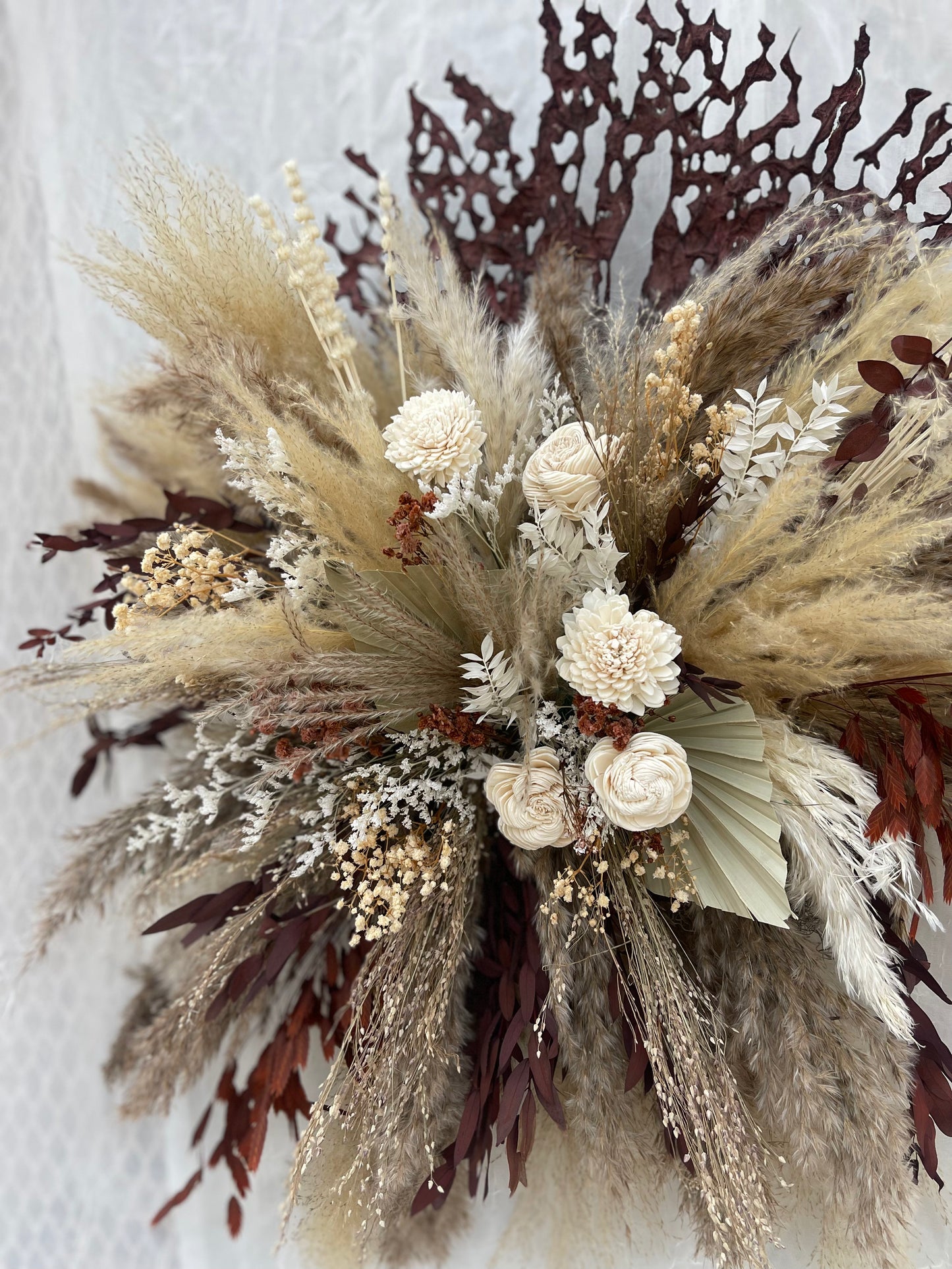 Burgundy pampas grass wall decor