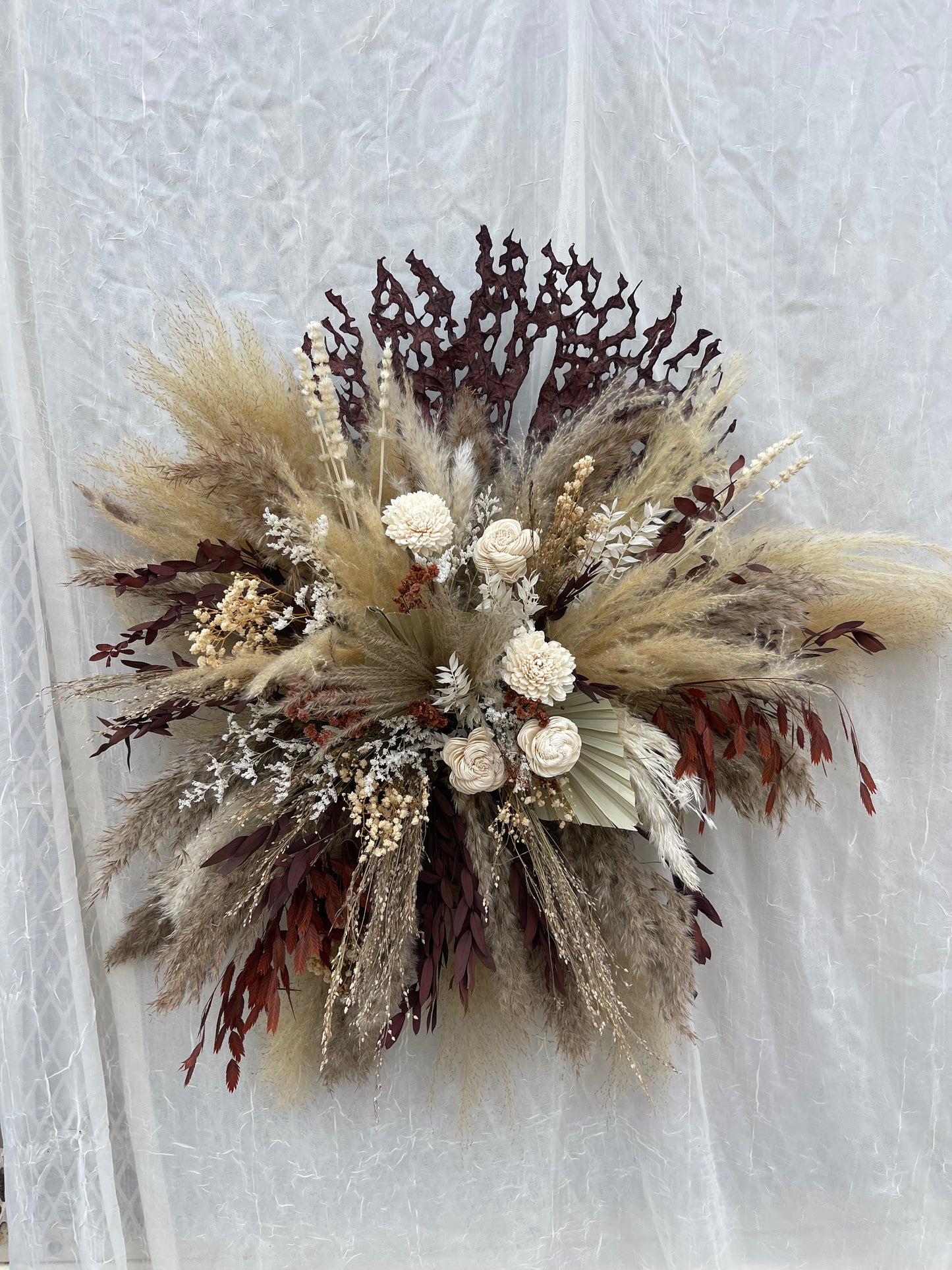 Burgundy pampas grass wall decor